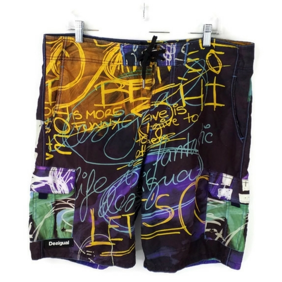 VTG Desigual Multicolor Graffiti Print Mesh Lined Long Length Swim Trunk Mens XL - Picture 11 of 16
